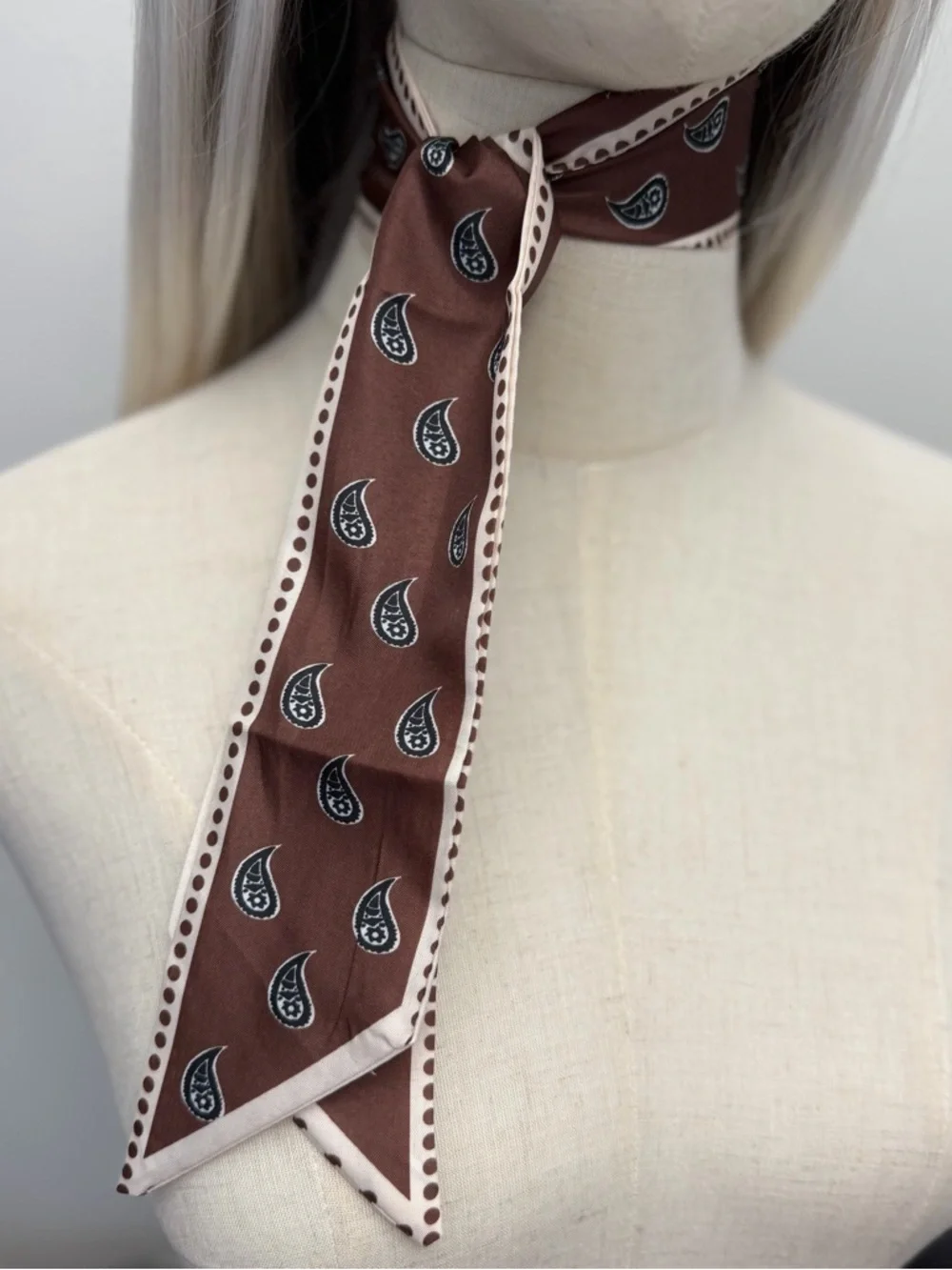 Brown Paisley Skinny Scarf Neutral Twilly Hair Tie Neck Scarf